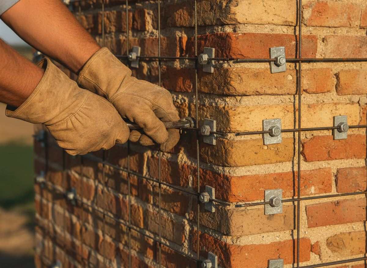 Rinforzo strutturale su una muratura esistente: rete e connettori metallici posati a mano