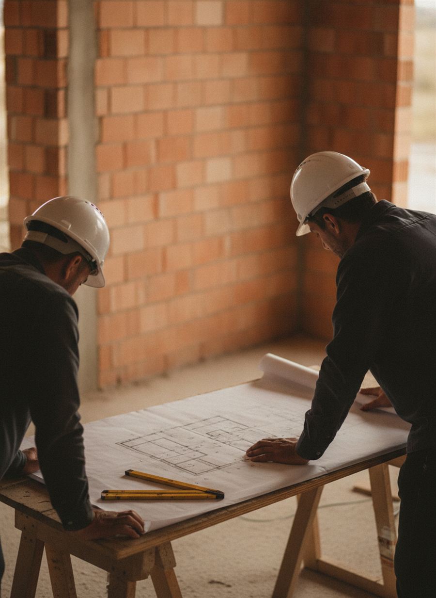 Capocantiere e progettista davanti a una tavola di progetto su un tavolo da cantiere